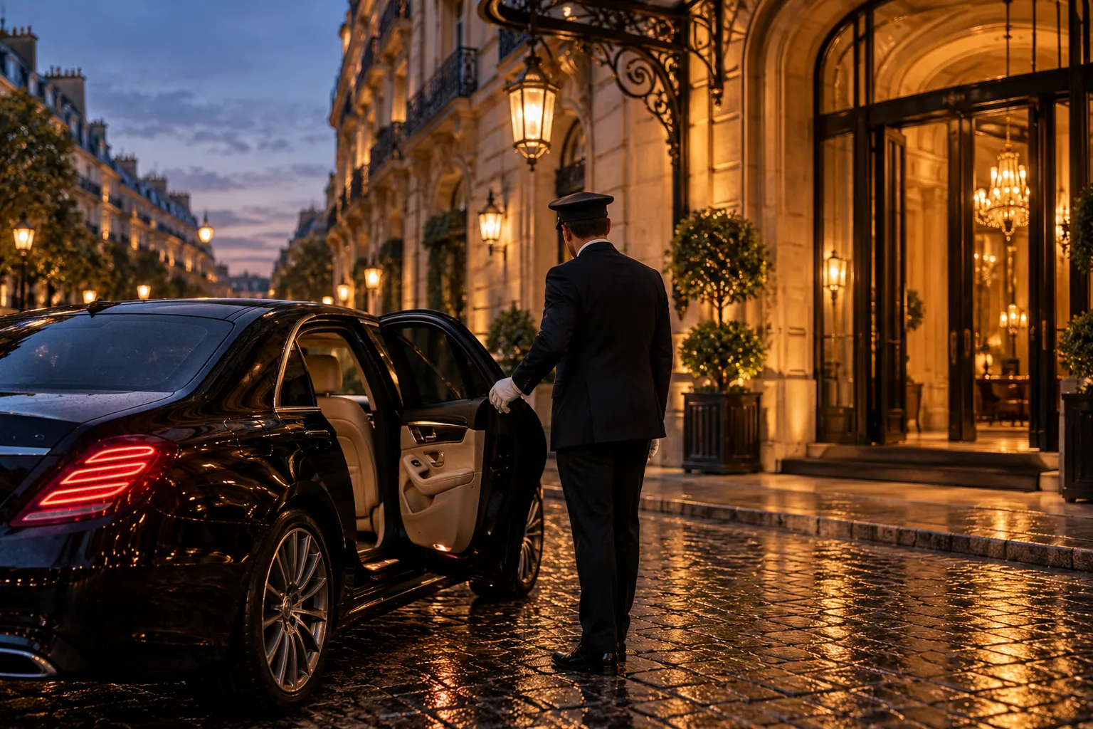 A chauffeur holding open the door of a black car outside a hotel at dusk