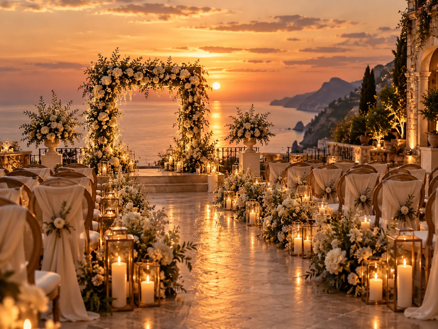 A cliff-top wedding aisle of white flowers and lanterns leading to a floral arch over the sea at sunset