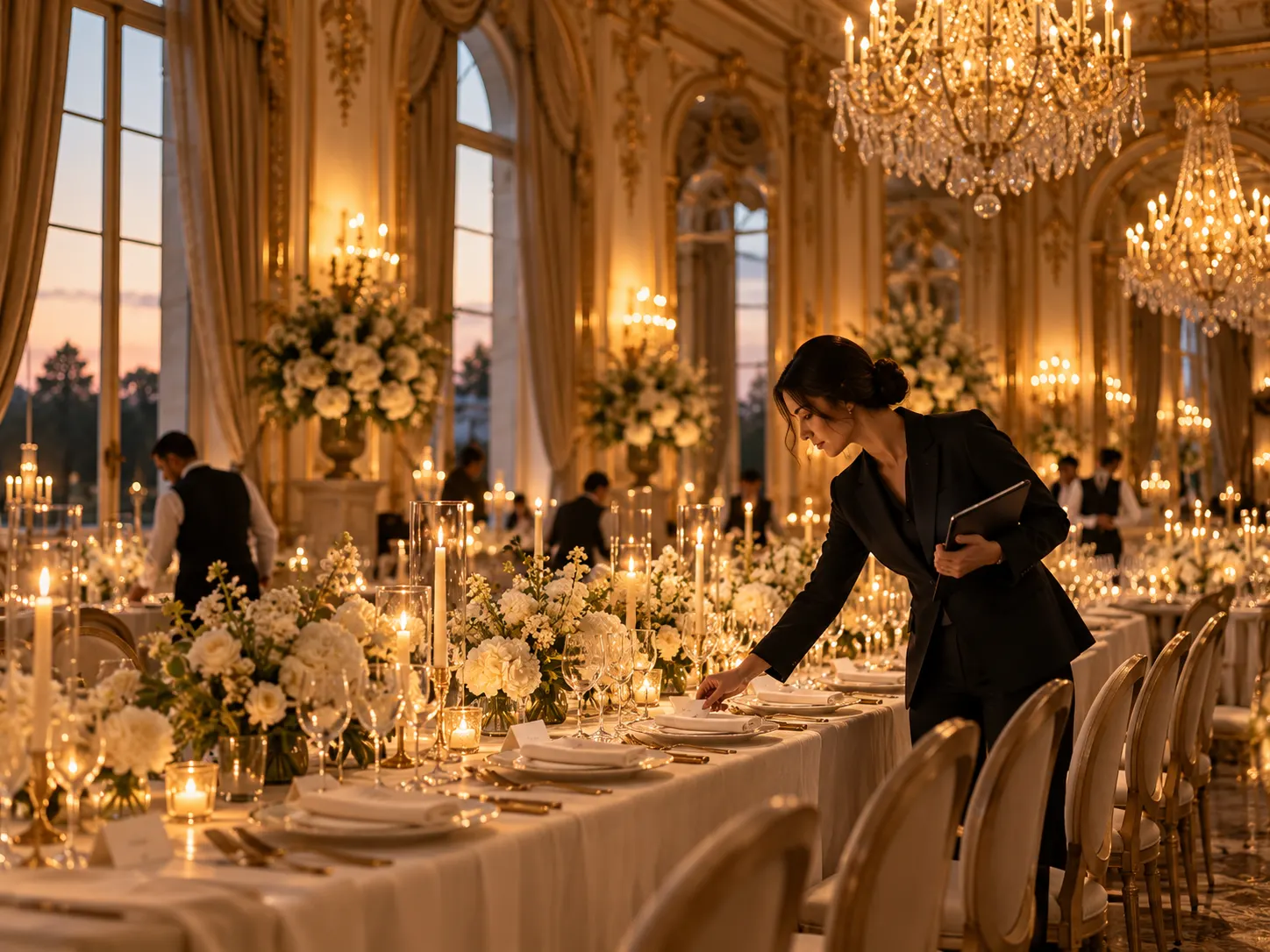 An event planner placing a name card at a candlelit banquet table in a chandeliered ballroom