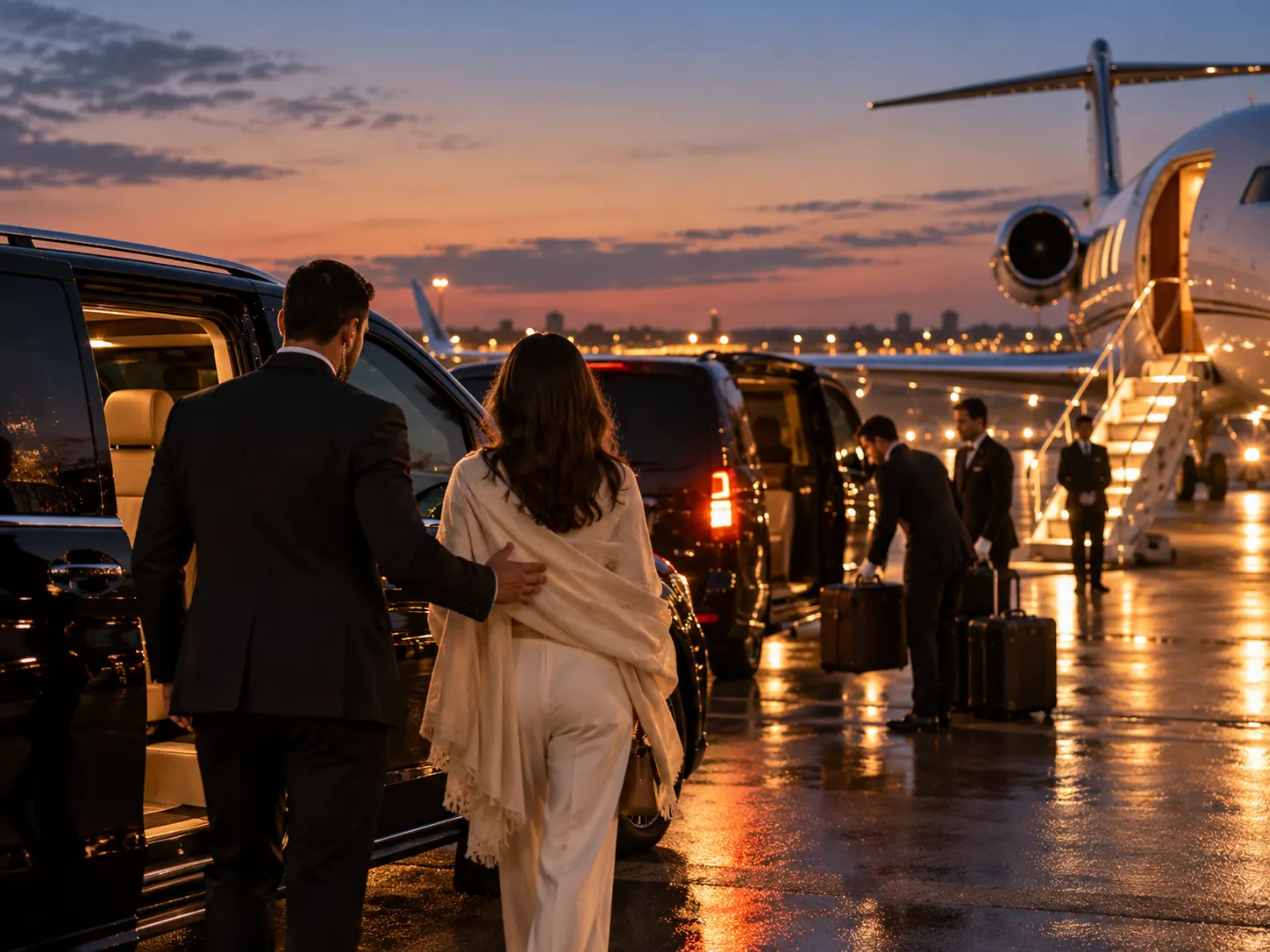 A guest escorted to a waiting black car beside a private jet at dusk, luggage being loaded