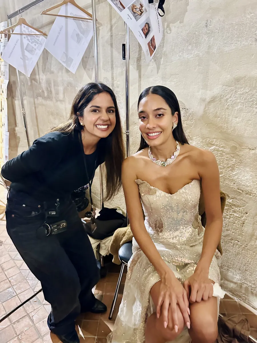 Shailza Swami backstage with a model in an embellished gown
