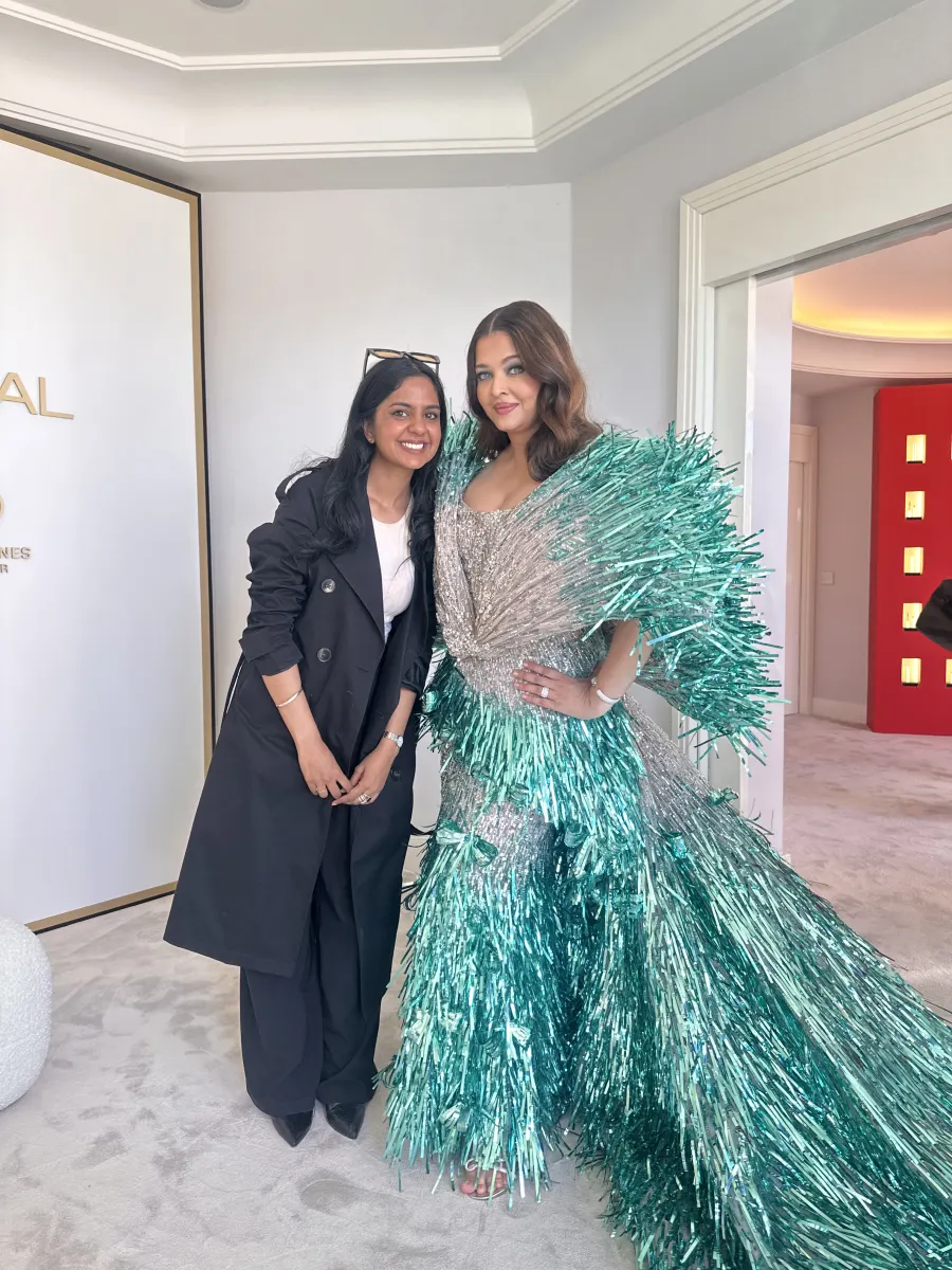 Shailza Swami with a guest in a teal fringed gown at a L'Oréal event